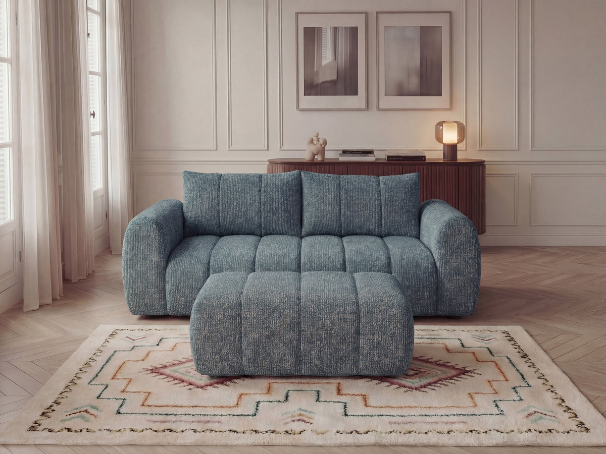 Canapé droit 3 places NESTY chiné avec pouf bleu — vue 4