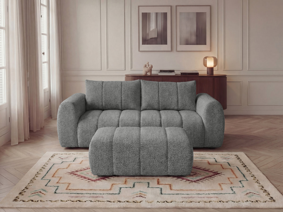 Canapé droit fixe 3 places NESTY tissu chiné avec pouf