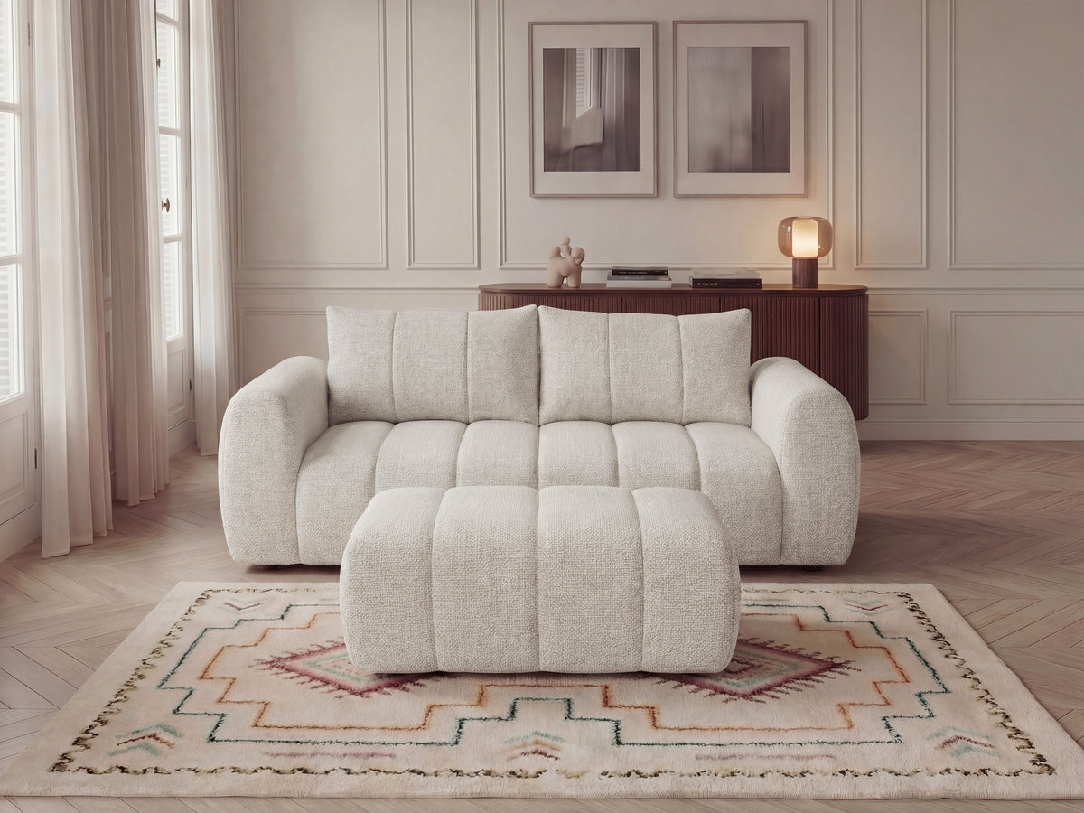 Canapé droit fixe 3 places NESTY tissu chiné avec pouf