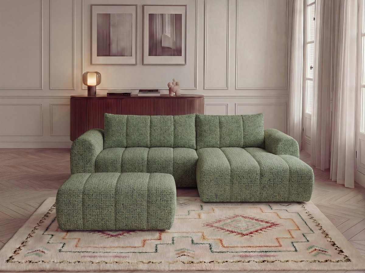 Canapé d'angle fixe NESTY tissu chiné avec pouf