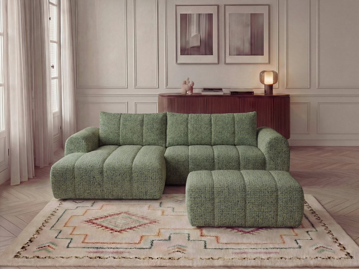 Canapé d'angle fixe NESTY tissu chiné avec pouf