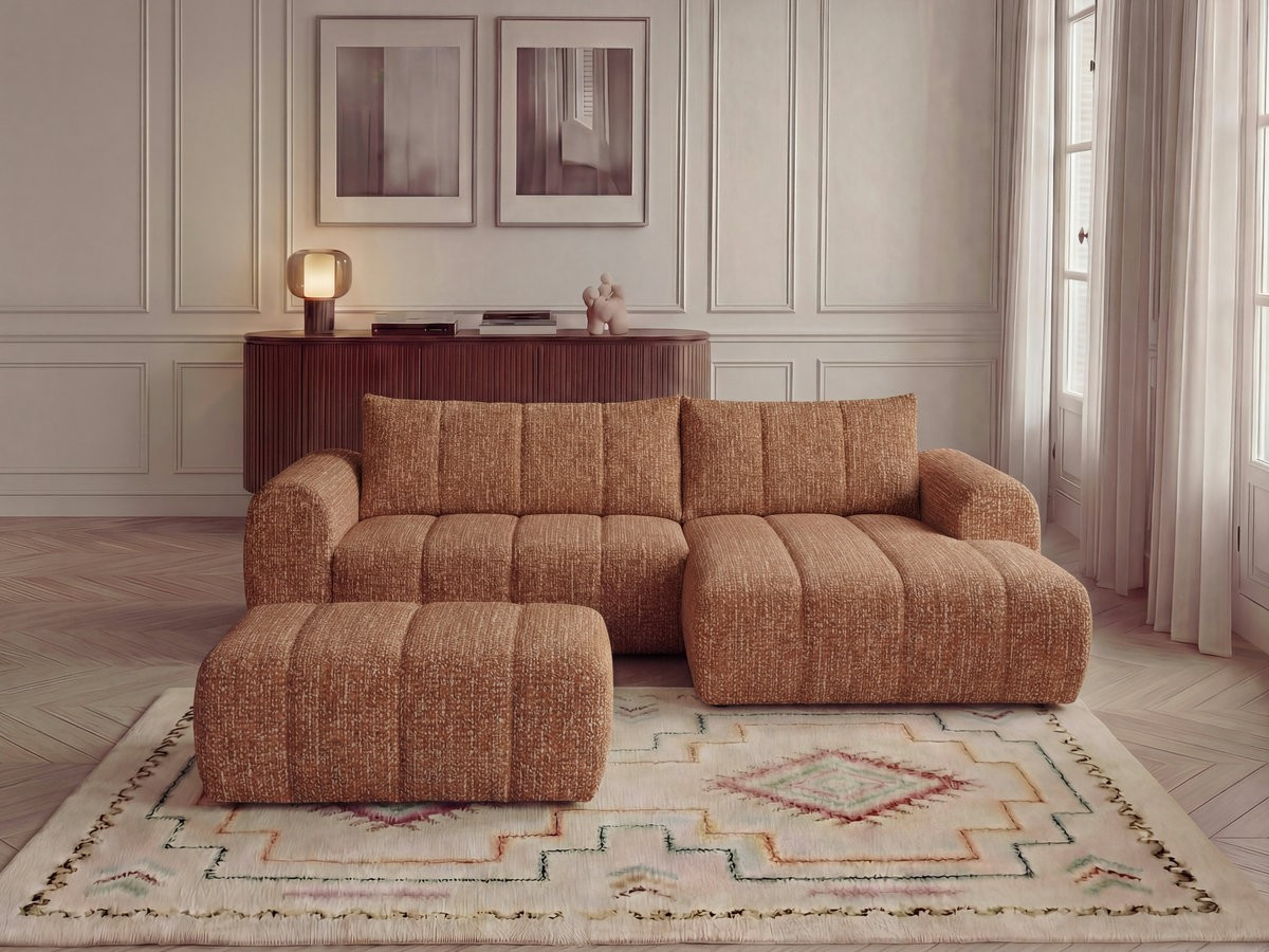 Canapé d'angle fixe NESTY tissu chiné avec pouf