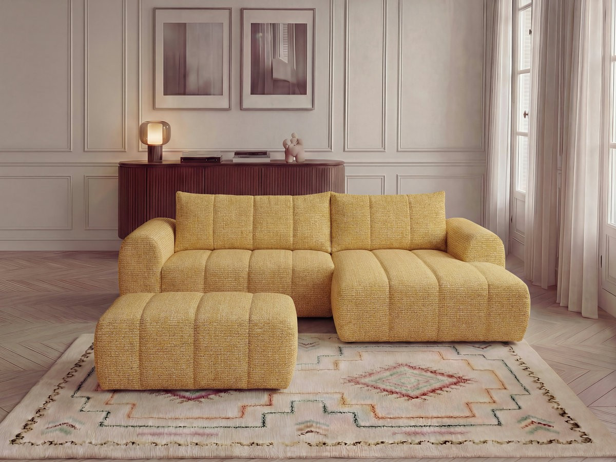 Canapé d'angle fixe NESTY tissu chiné avec pouf