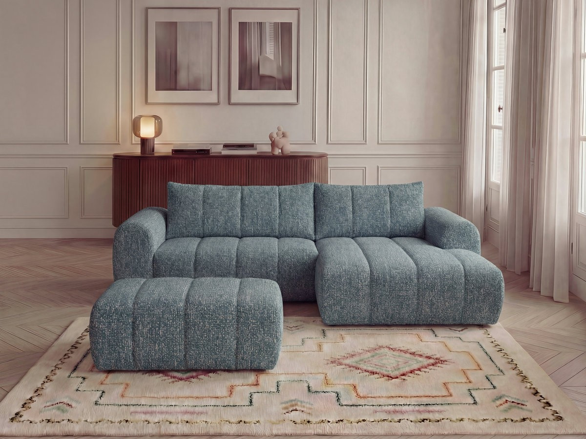 Canapé d'angle fixe NESTY tissu chiné avec pouf