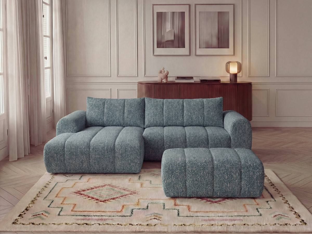 Canapé d'angle fixe NESTY tissu chiné avec pouf