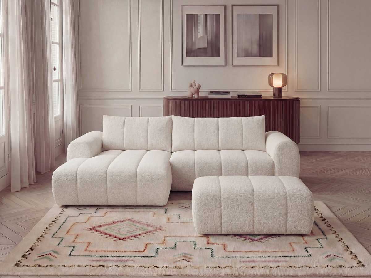 Canapé d'angle fixe NESTY tissu chiné avec pouf