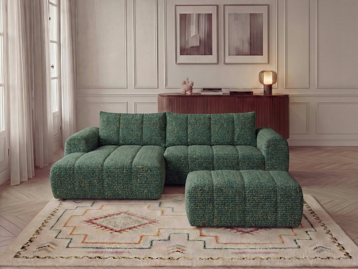 Canapé d'angle fixe NESTY tissu chiné avec pouf