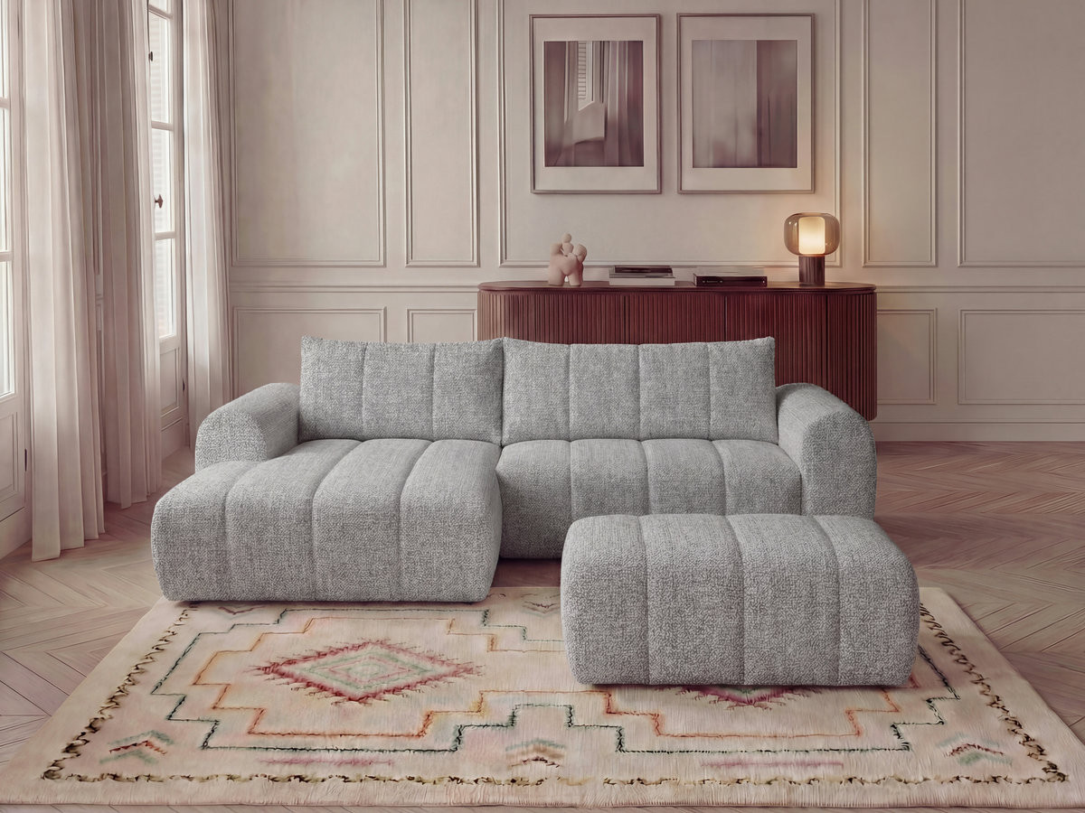 Canapé d'angle fixe NESTY tissu chiné avec pouf
