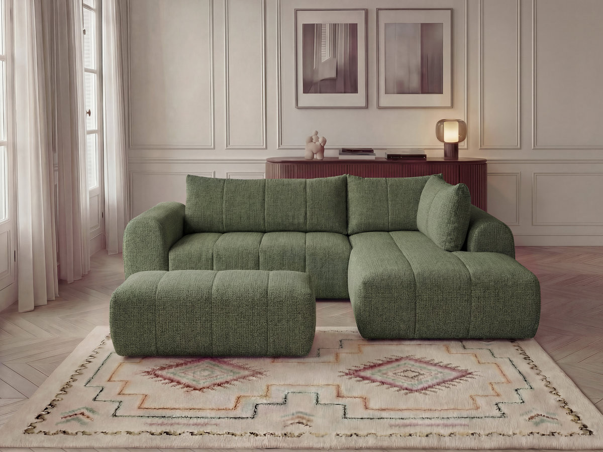 Canapé d'angle L NESTY chiné avec pouf vert clair — vue 4