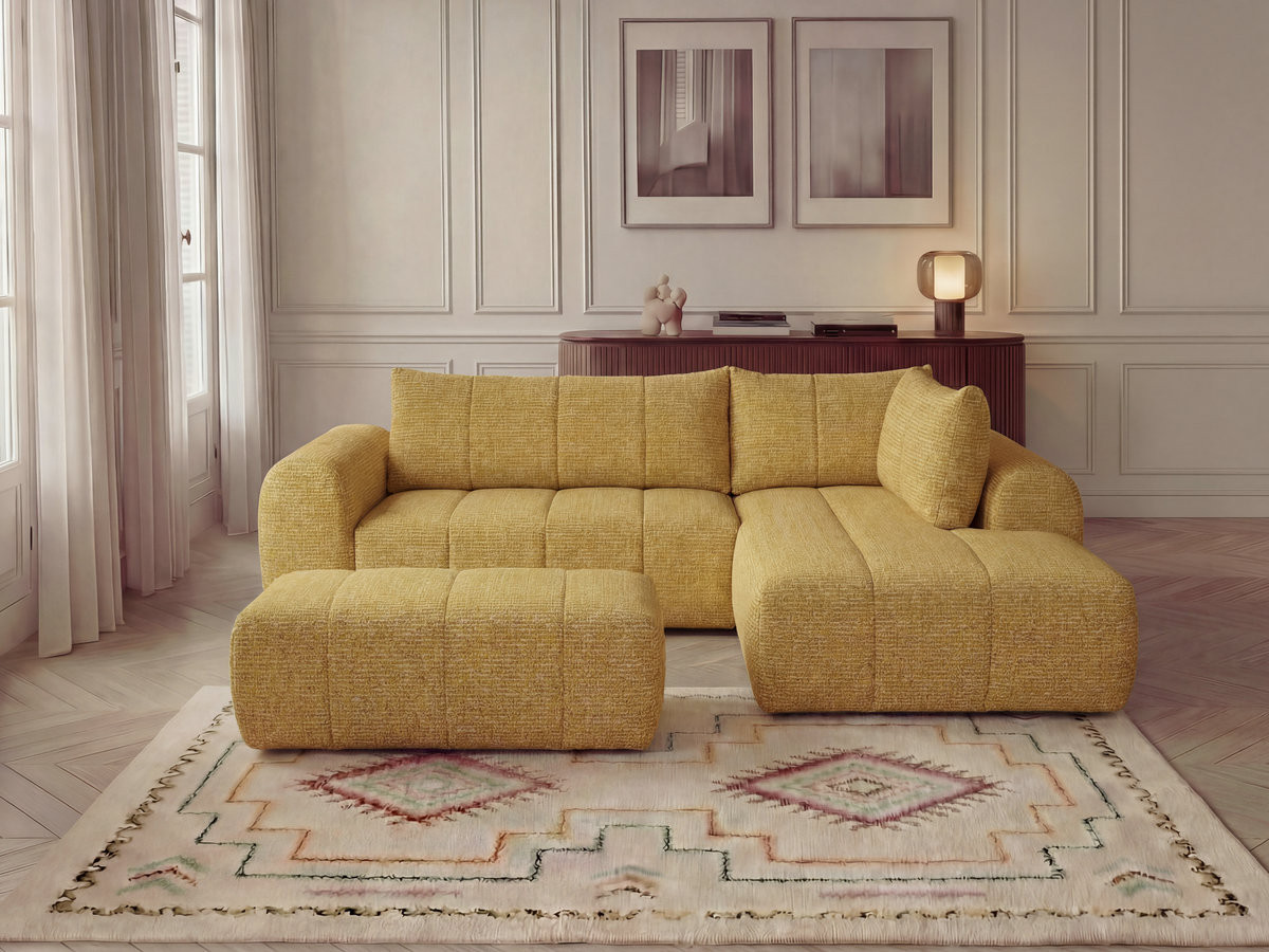 Canapé d'angle L NESTY chiné avec pouf jaune — vue 5