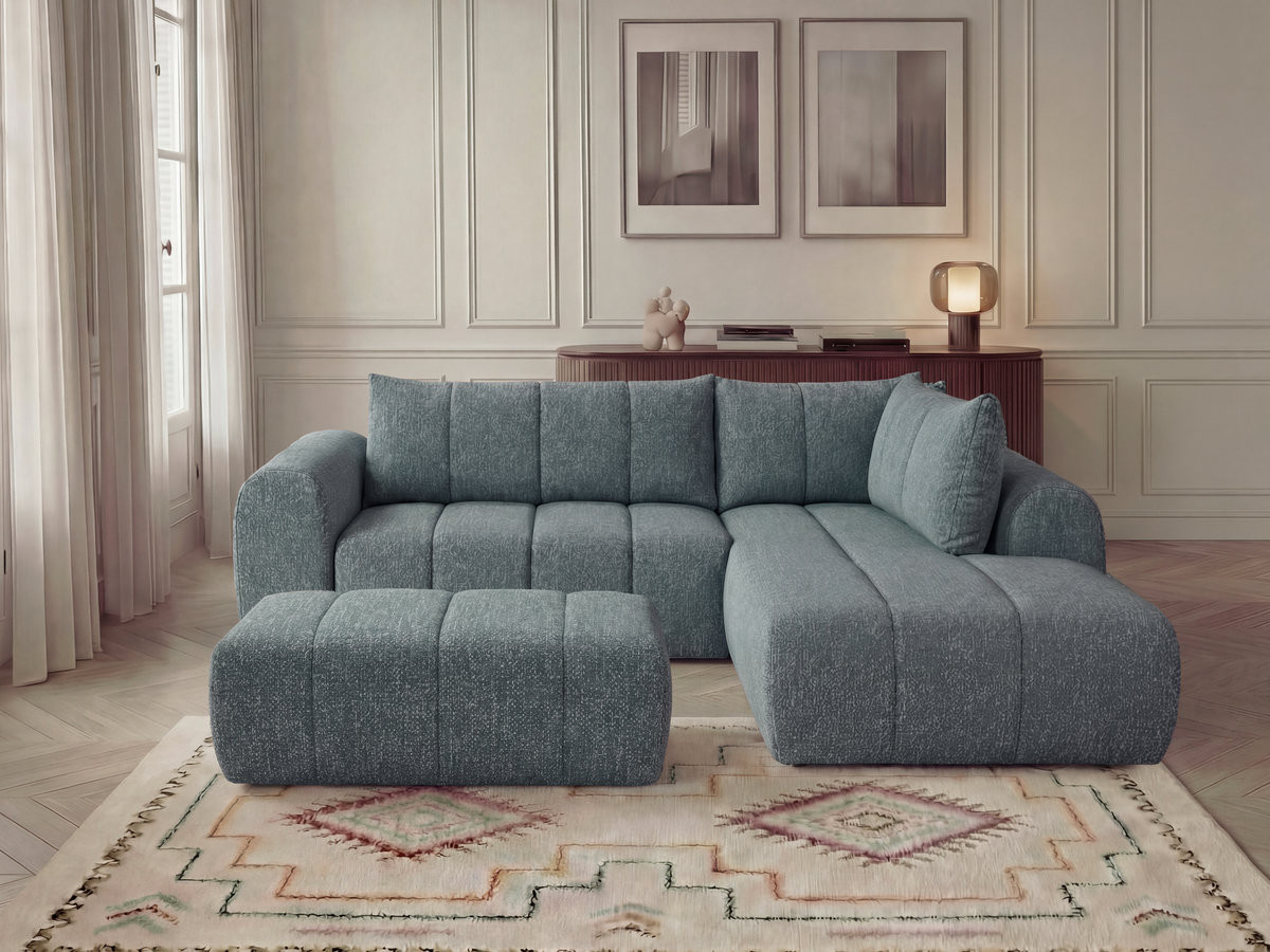 Canapé d'angle L NESTY chiné avec pouf bleu — vue 4