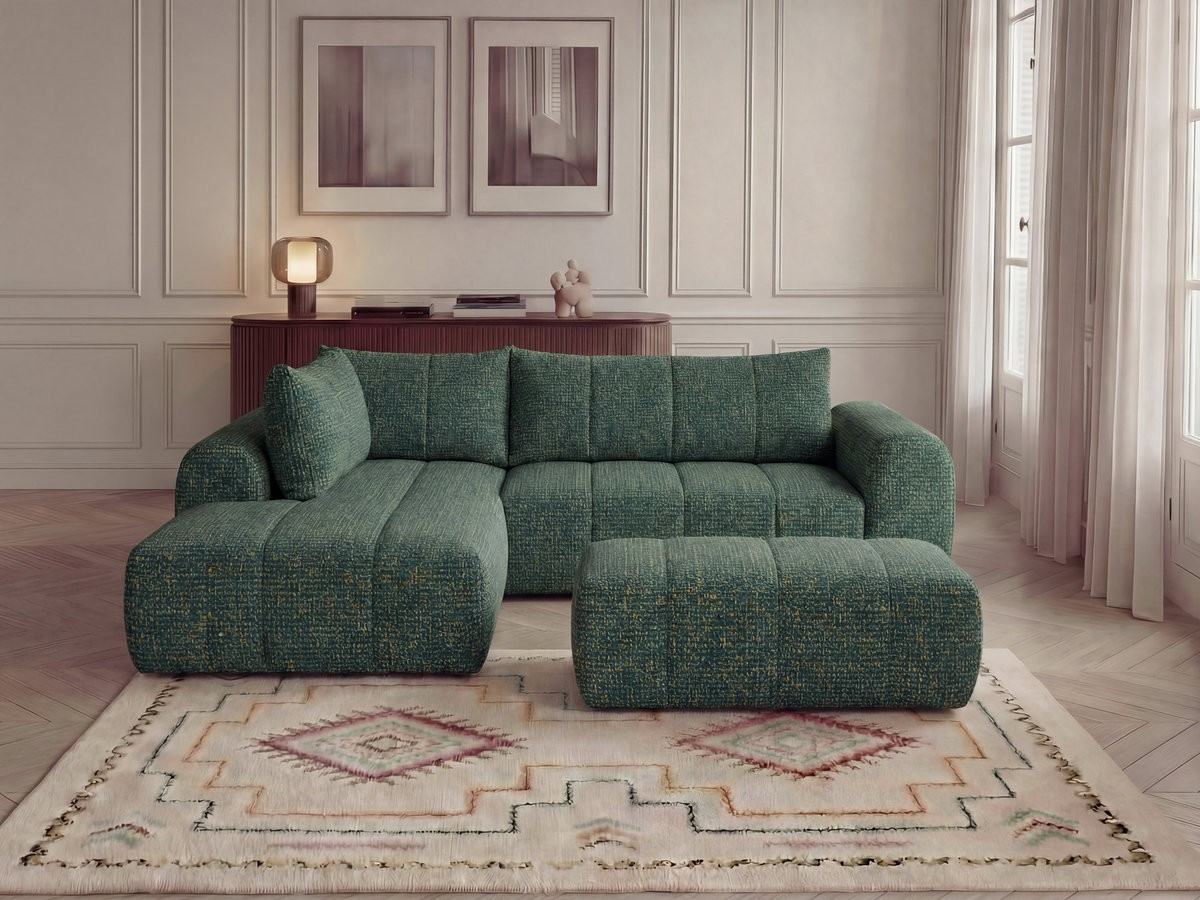 Canapé d'angle L NESTY chiné avec pouf vert foncé — vue 4