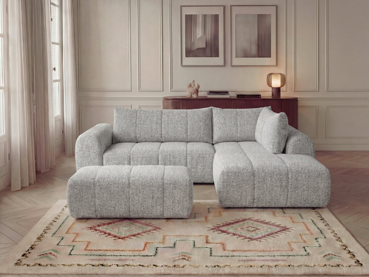 Canapé d'angle L NESTY chiné avec pouf gris clair — vue 4