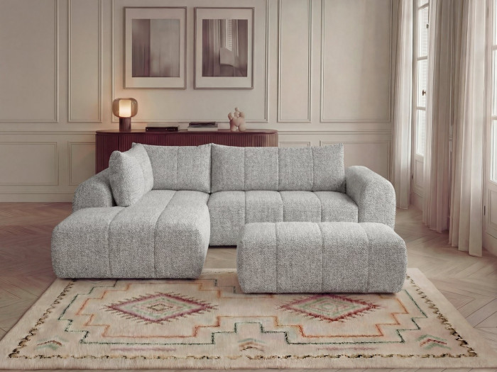 Canapé d'angle L fixe NESTY tissu chiné avec pouf