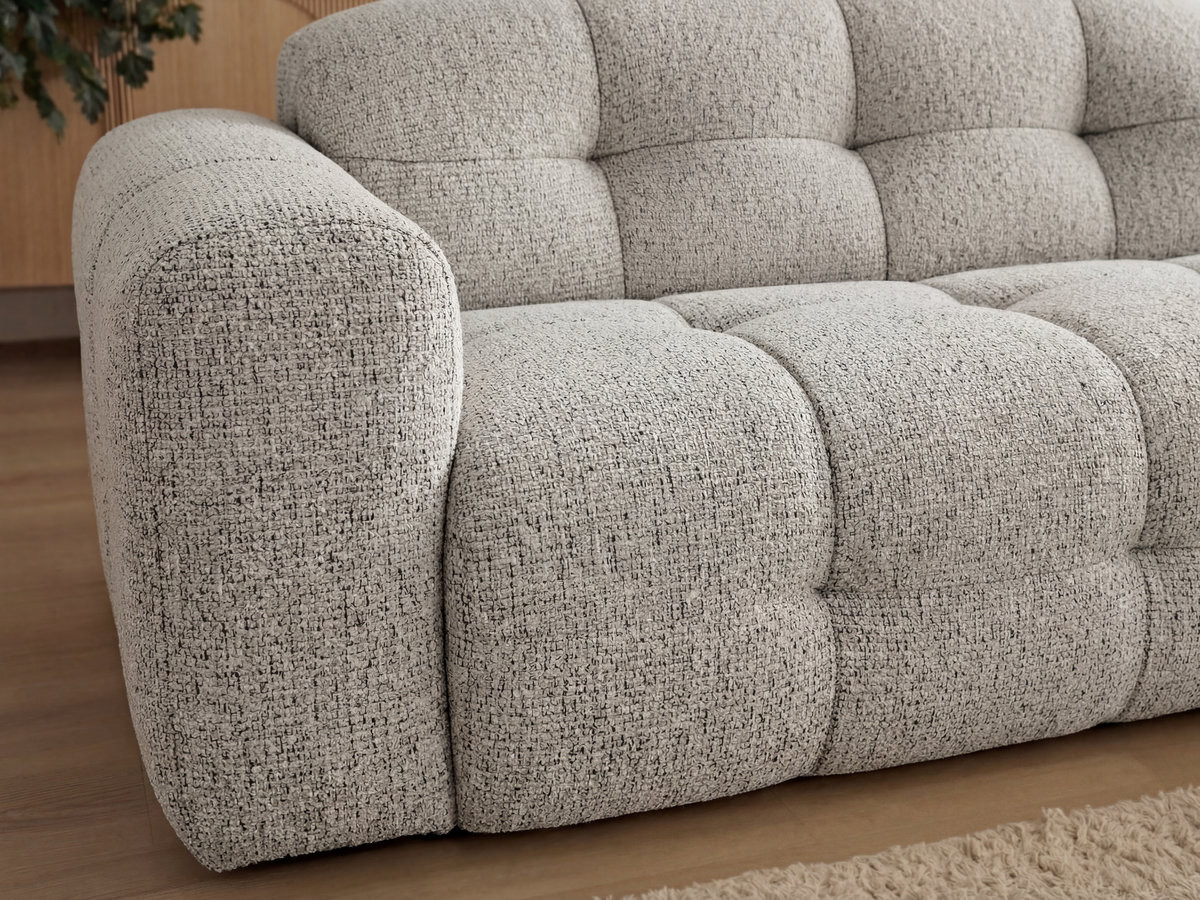 Canapé d'angle fixe LAURA tissu chiné avec grand pouf