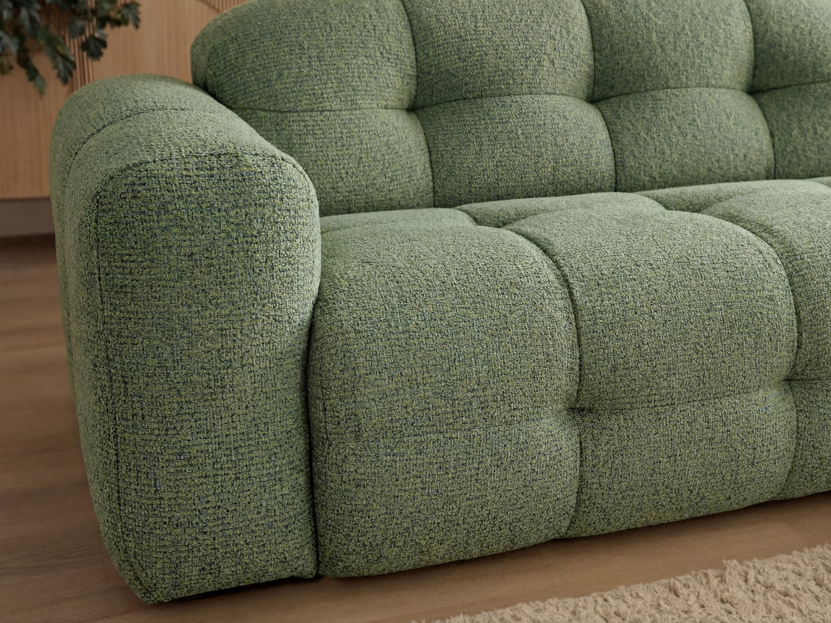 Canapé d'angle fixe LAURA tissu chiné avec grand pouf