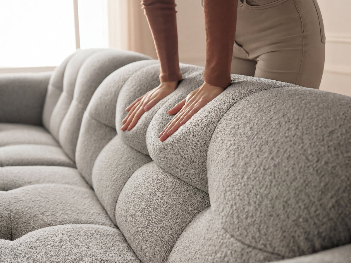 Canapé d'angle fixe LAURA tissu chiné avec grand pouf