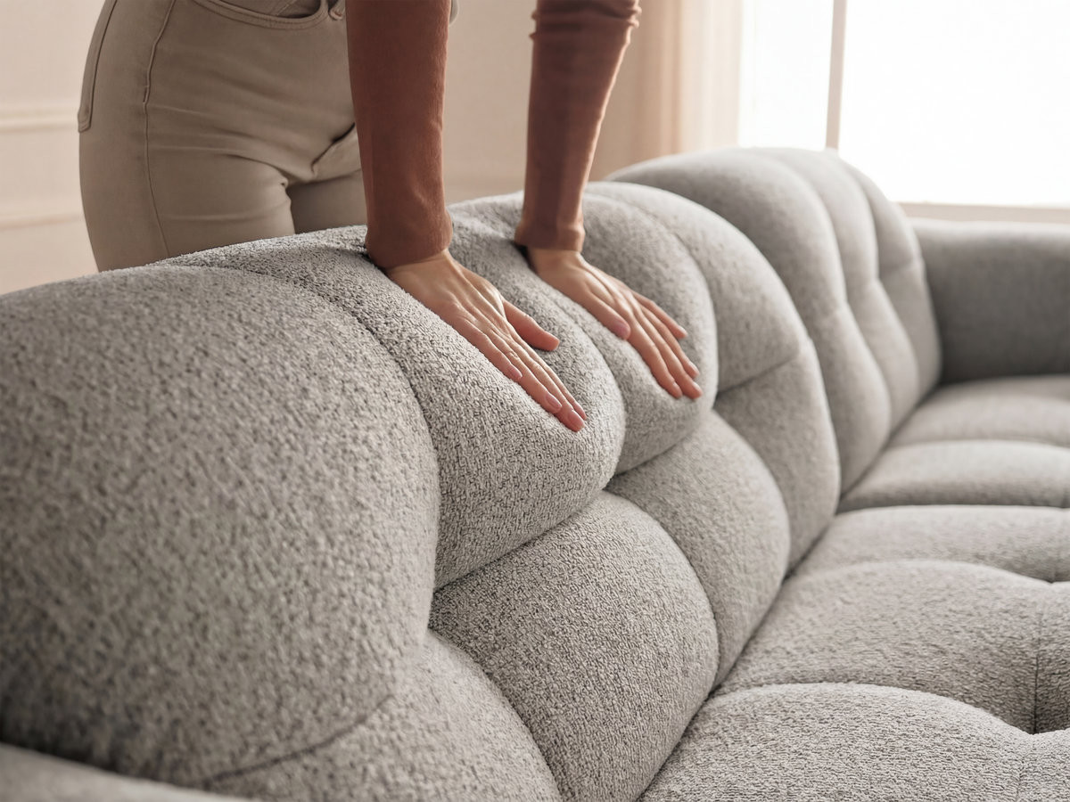 Canapé d'angle fixe LAURA tissu chiné avec grand pouf