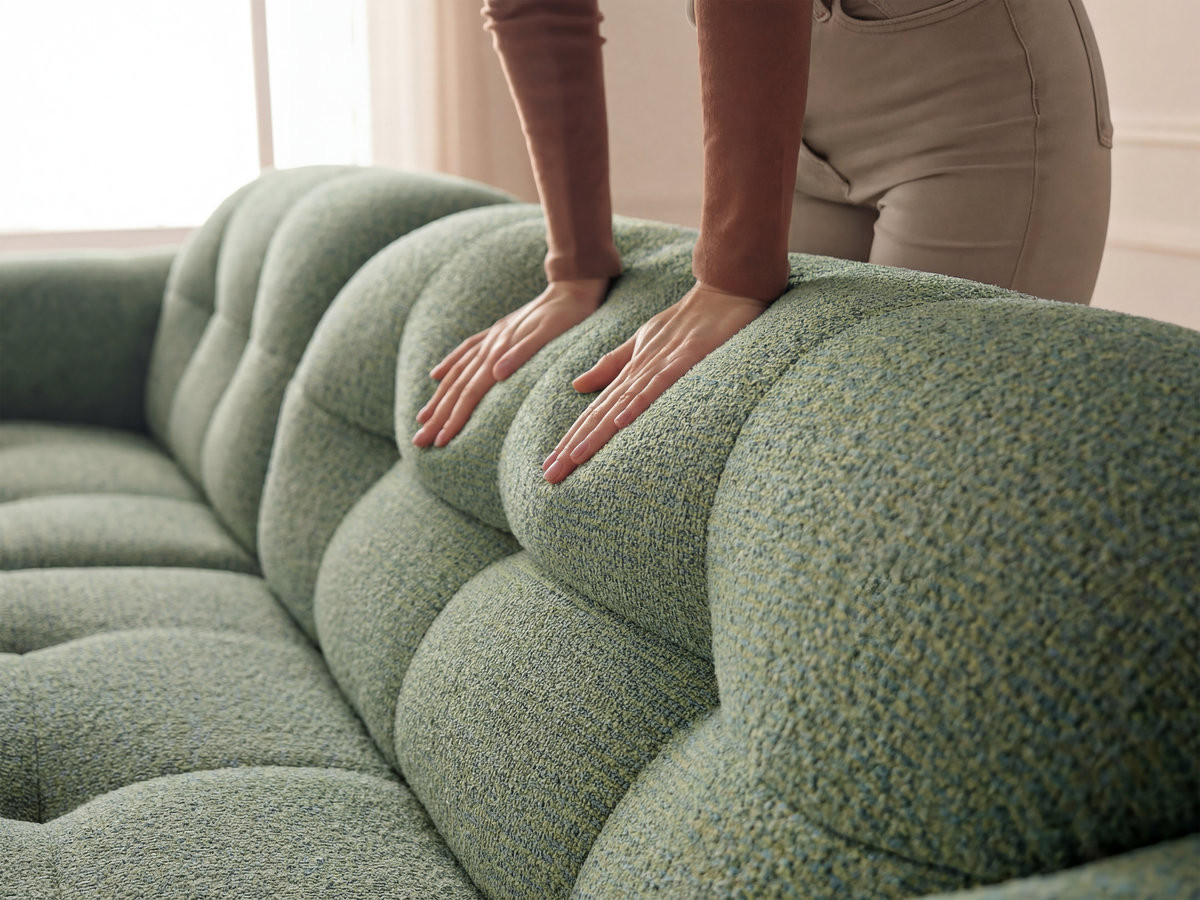 Canapé d'angle fixe LAURA tissu chiné avec grand pouf