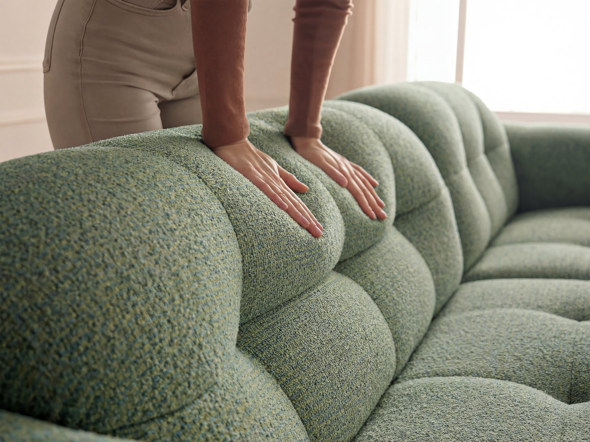 Canapé d'angle fixe LAURA tissu chiné avec grand pouf