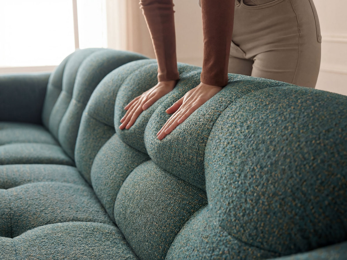 Canapé d'angle fixe LAURA tissu chiné avec grand pouf