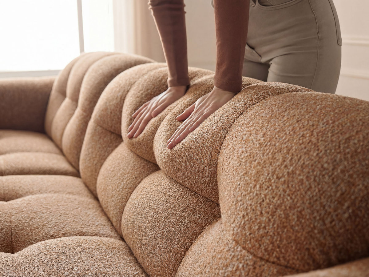 Canapé d'angle fixe LAURA tissu chiné avec grand pouf