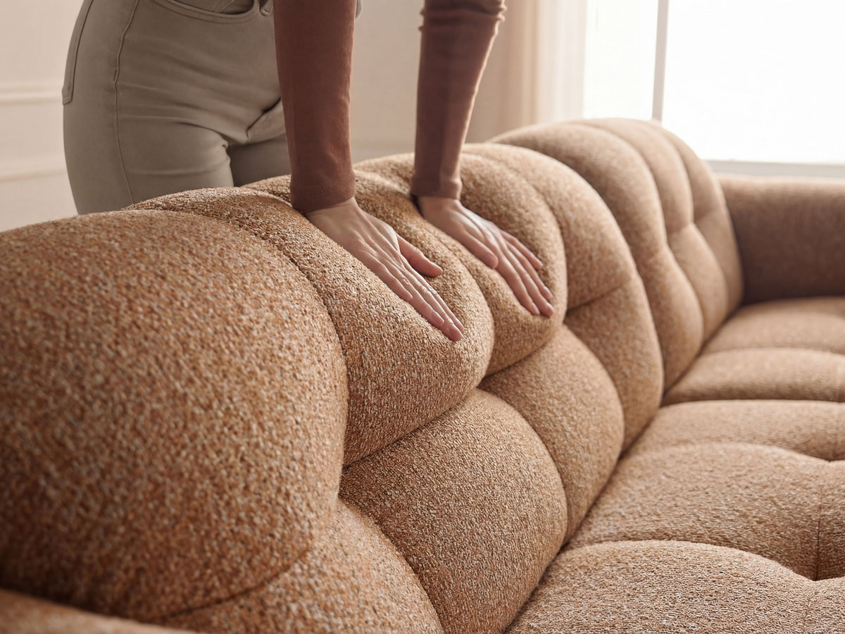 Canapé d'angle fixe LAURA tissu chiné avec grand pouf