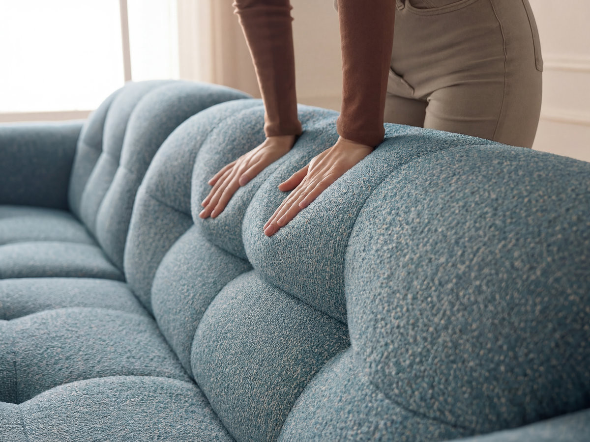 Canapé d'angle fixe LAURA tissu chiné avec grand pouf