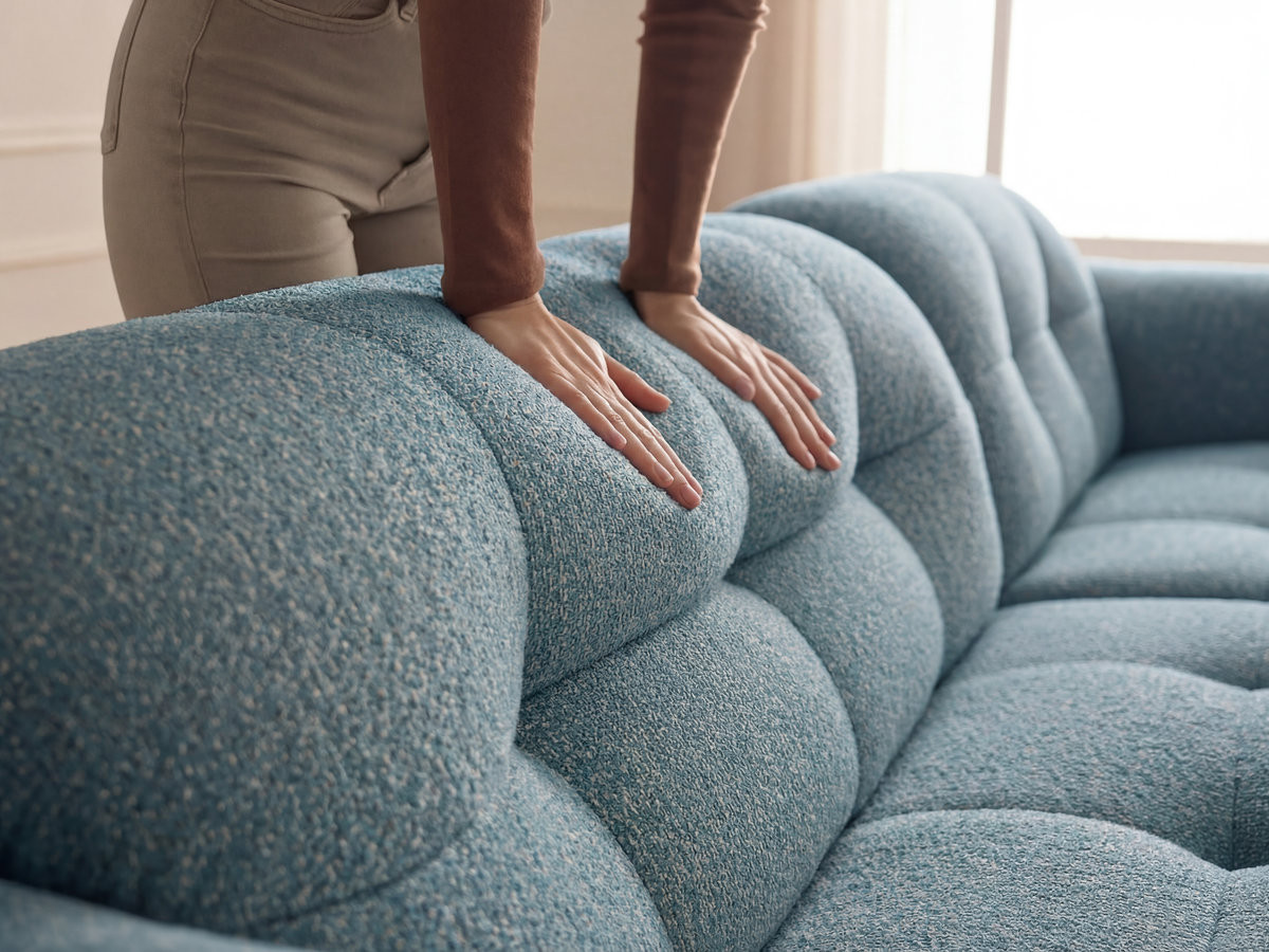 Canapé d'angle fixe LAURA tissu chiné avec grand pouf