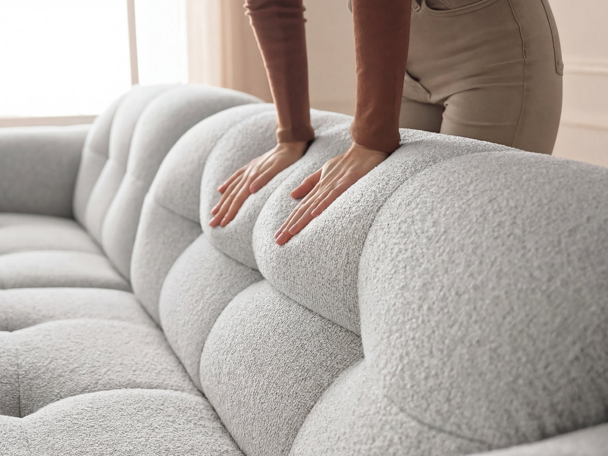 Canapé d'angle fixe LAURA tissu chiné avec grand pouf