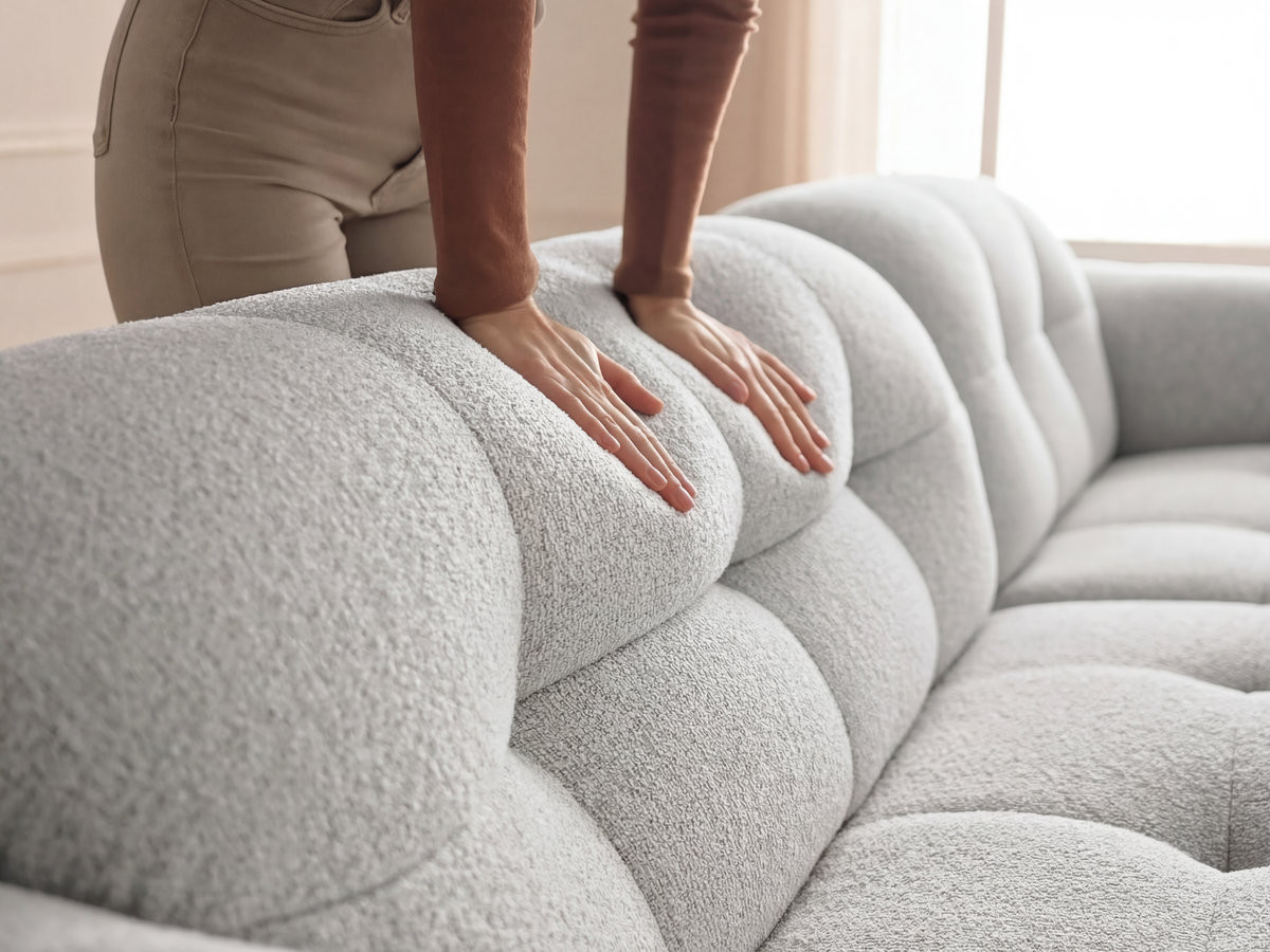 Canapé d'angle fixe LAURA tissu chiné avec grand pouf