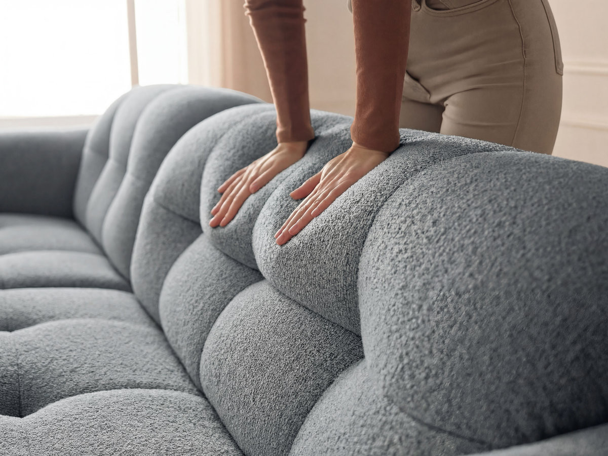 Canapé d'angle fixe LAURA tissu chiné avec grand pouf