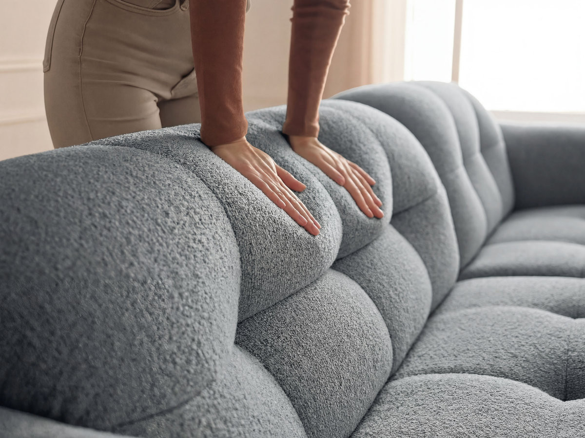 Canapé d'angle fixe LAURA tissu chiné avec grand pouf