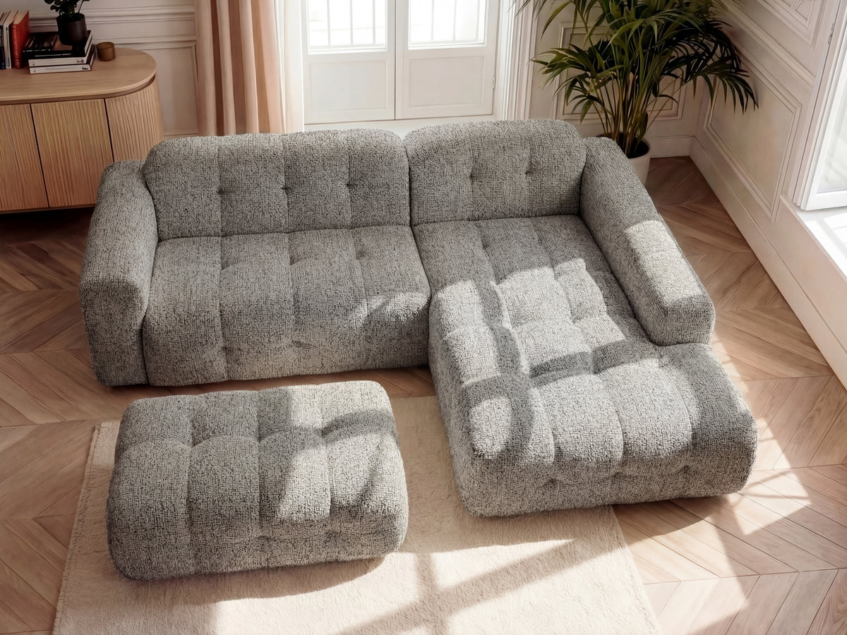 Canapé d'angle LAURA chiné avec grand pouf taupe — vue 5