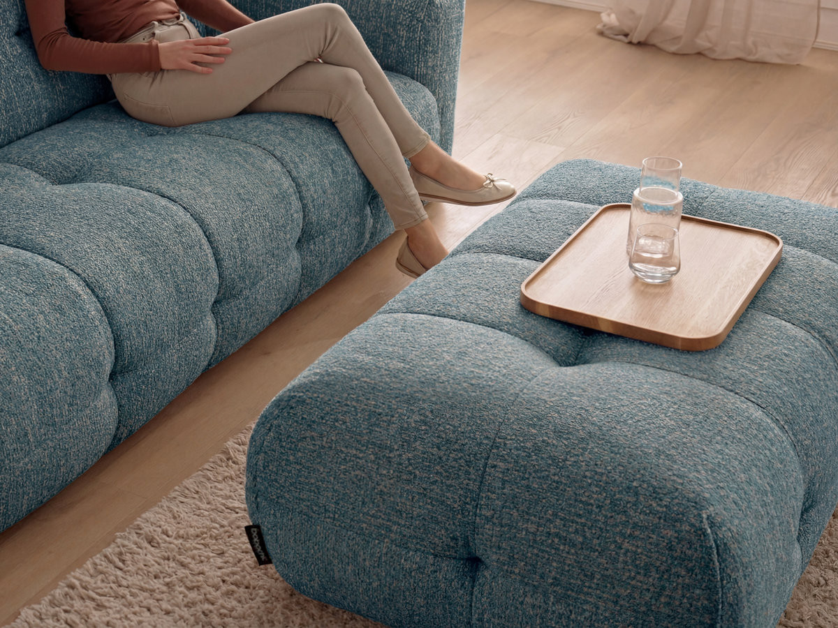 Canapé d'angle fixe LAURA tissu chiné avec grand pouf