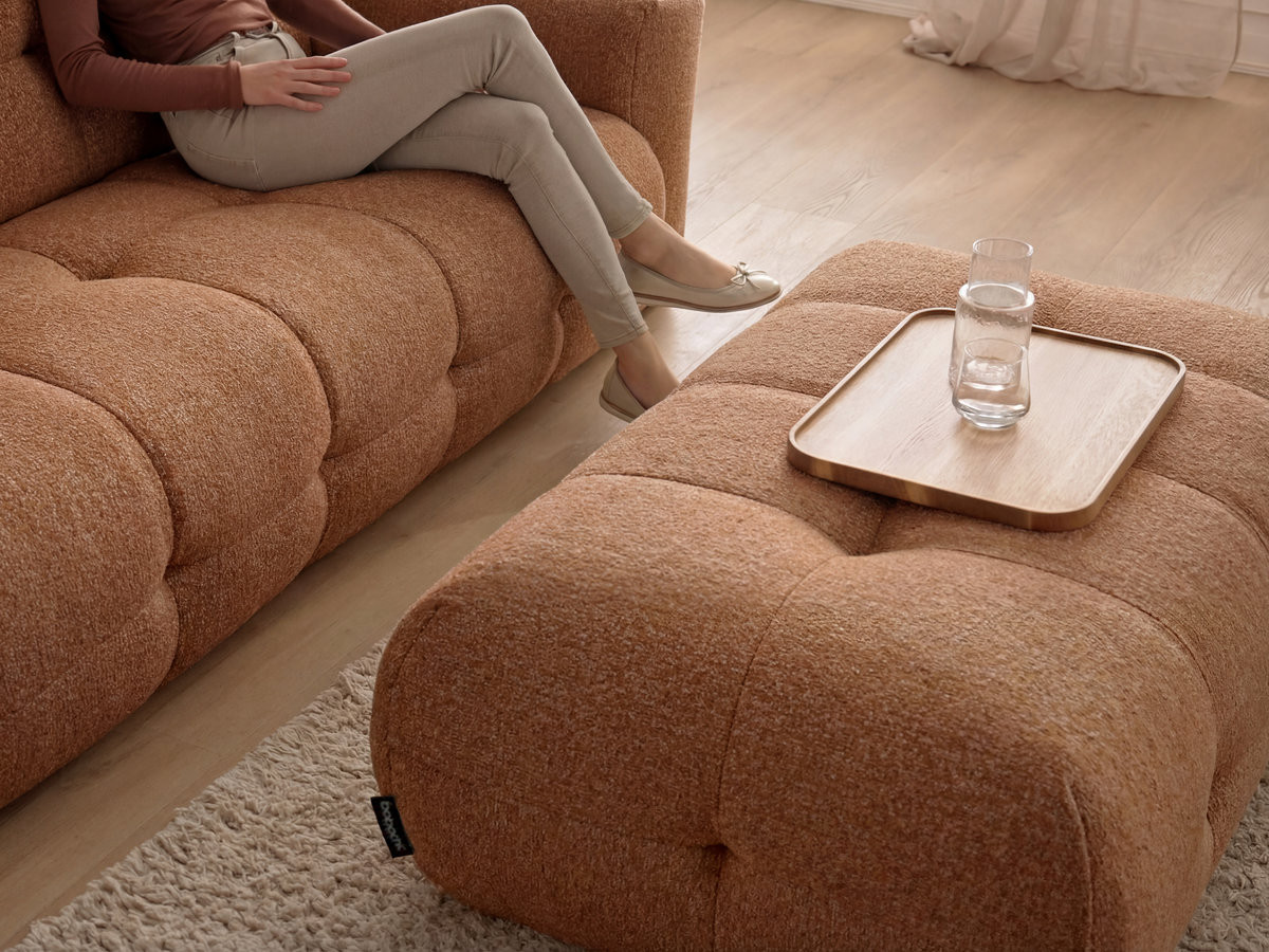 Canapé d'angle fixe LAURA tissu chiné avec grand pouf