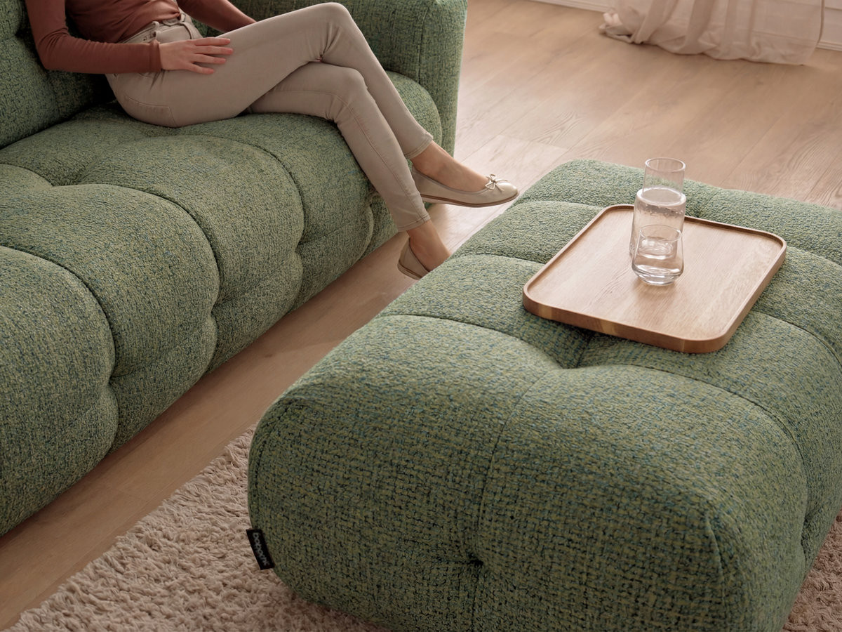 Canapé d'angle fixe LAURA tissu chiné avec grand pouf