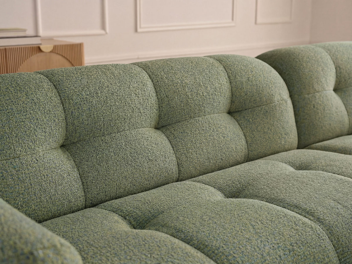 Canapé d'angle fixe LAURA tissu chiné avec grand pouf