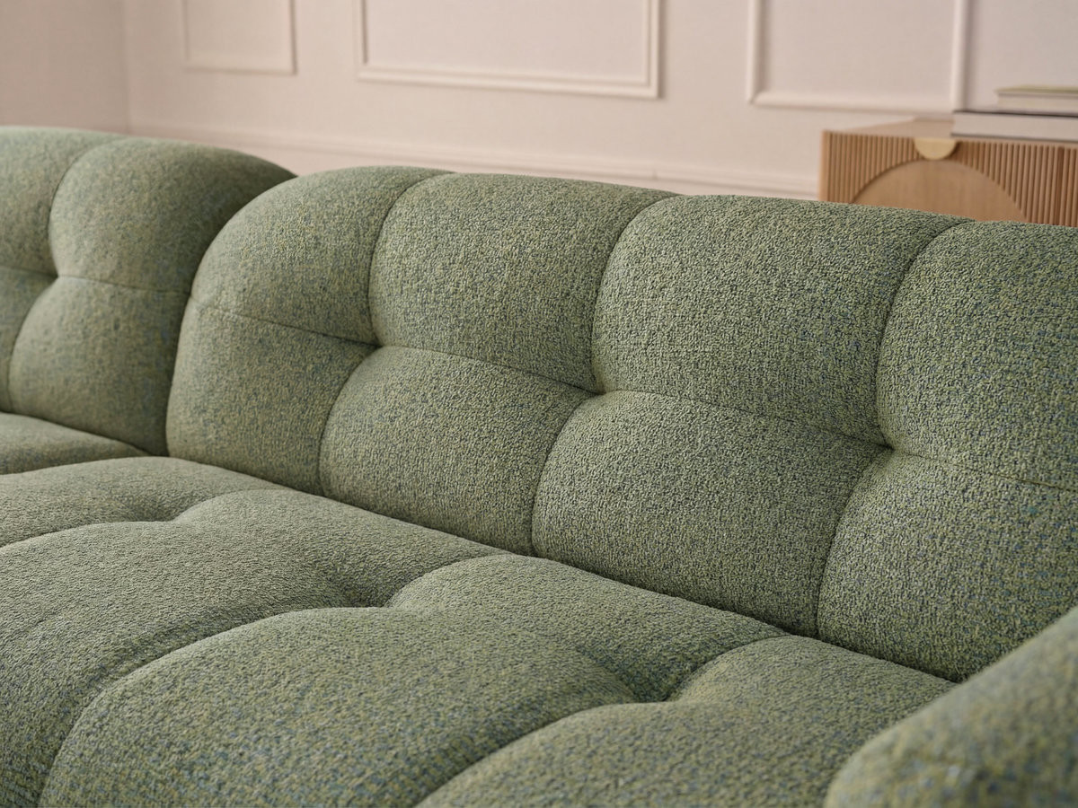 Canapé d'angle fixe LAURA tissu chiné avec grand pouf