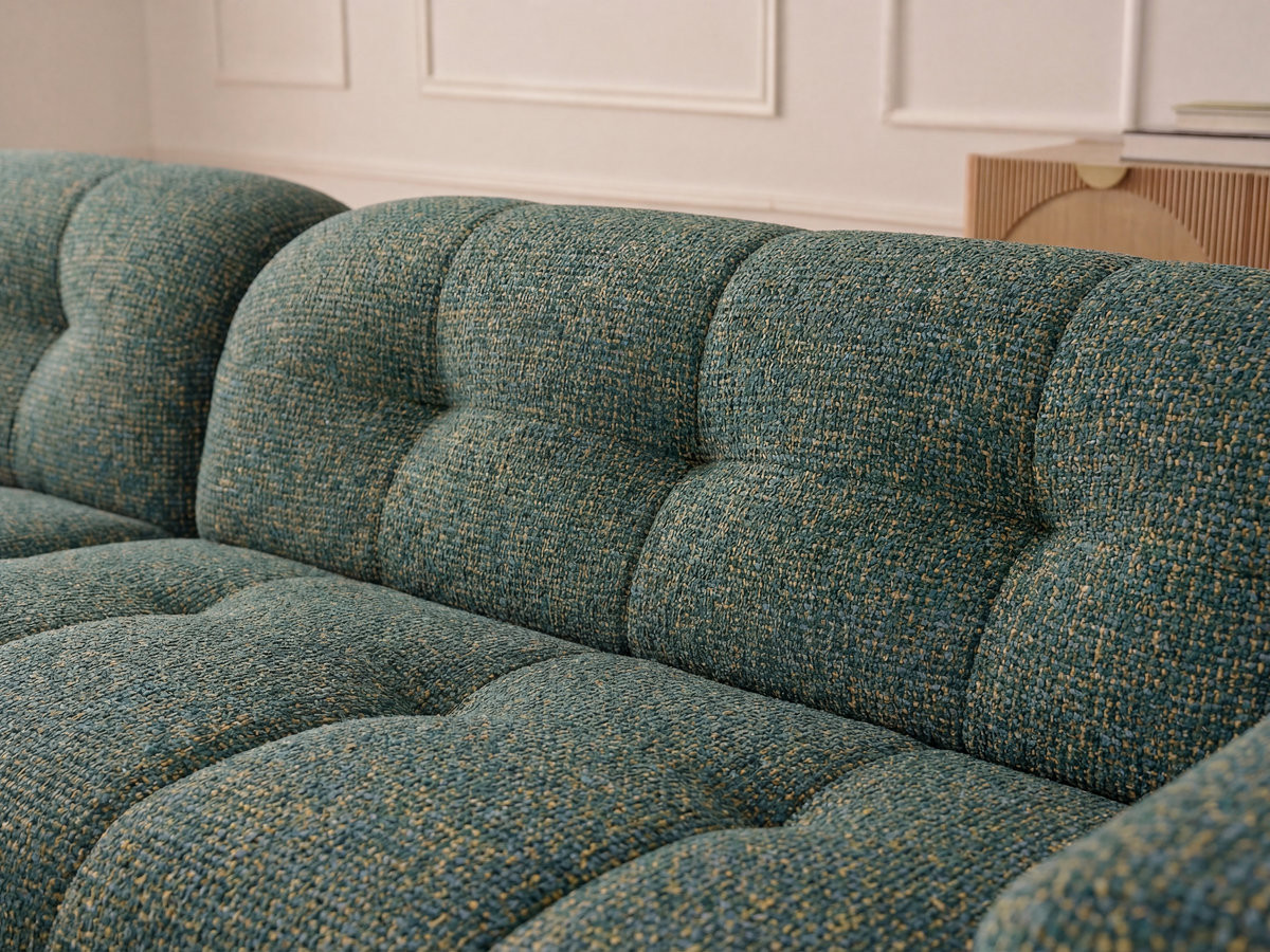 Canapé d'angle fixe LAURA tissu chiné avec grand pouf