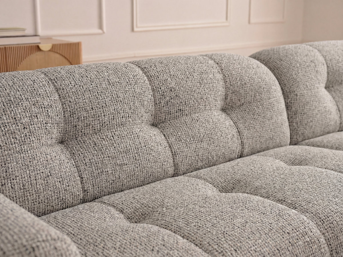 Canapé d'angle fixe LAURA tissu chiné avec grand pouf