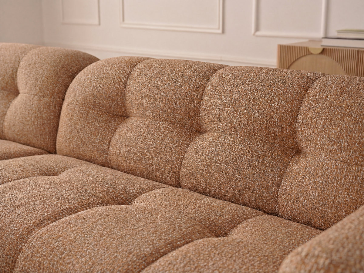 Canapé d'angle fixe LAURA tissu chiné avec grand pouf