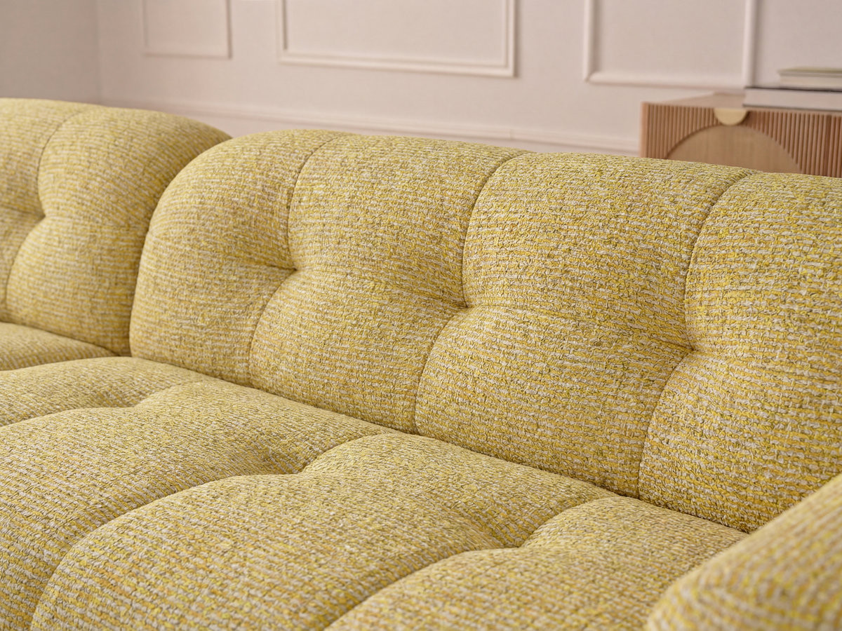 Canapé d'angle fixe LAURA tissu chiné avec grand pouf