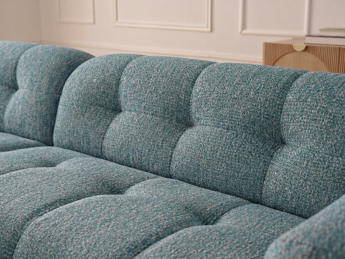 Canapé d'angle fixe LAURA tissu chiné avec grand pouf