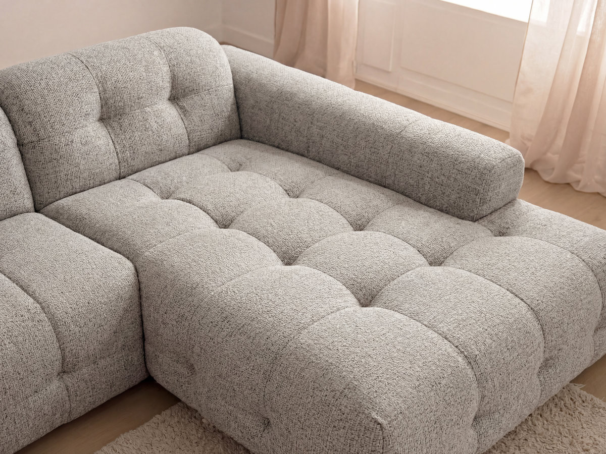 Canapé d'angle fixe LAURA tissu chiné avec grand pouf