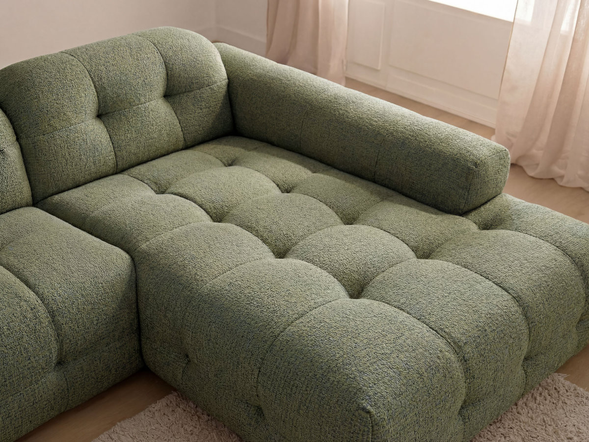 Canapé d'angle fixe LAURA tissu chiné avec grand pouf