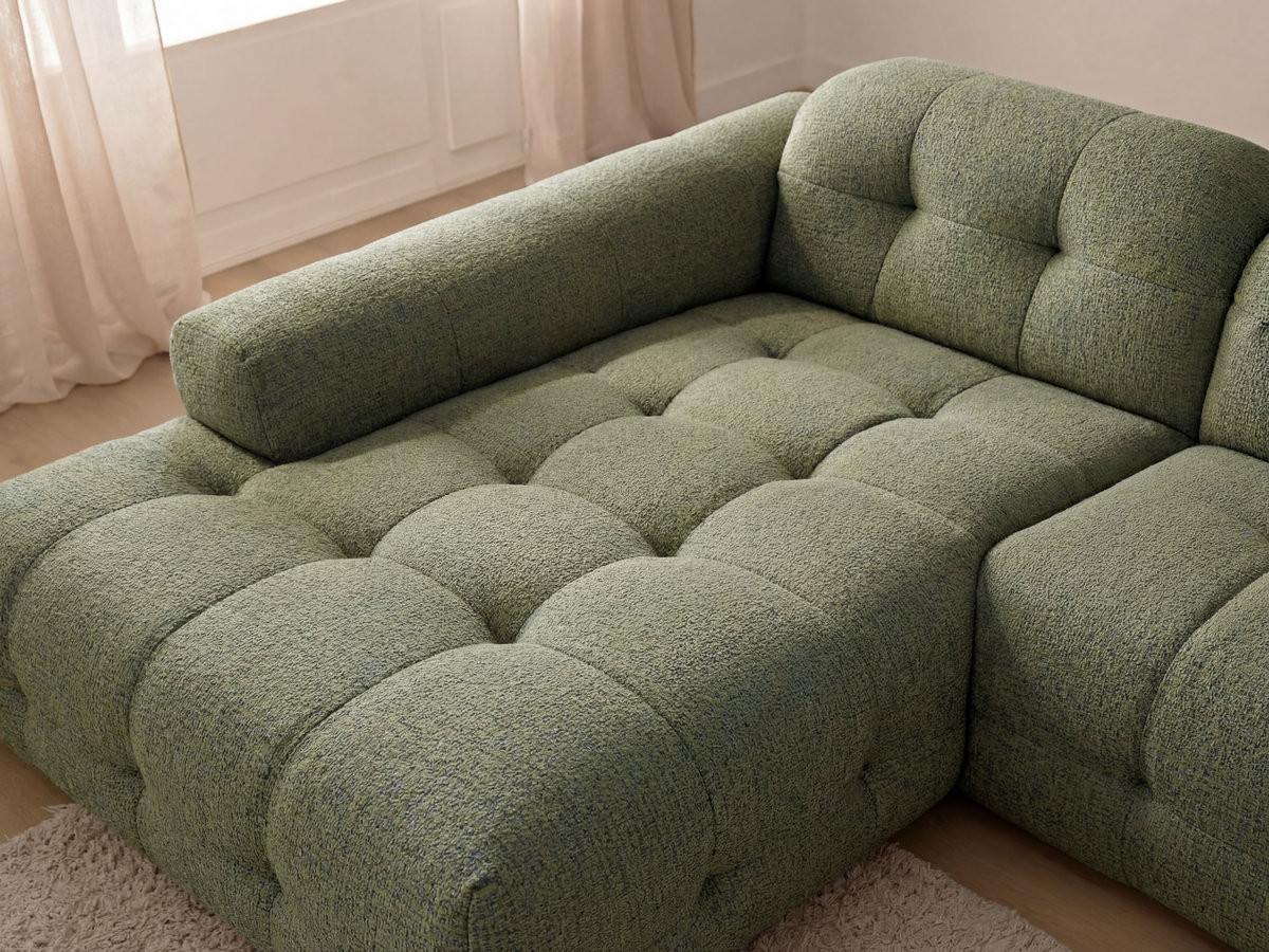 Canapé d'angle fixe LAURA tissu chiné avec grand pouf