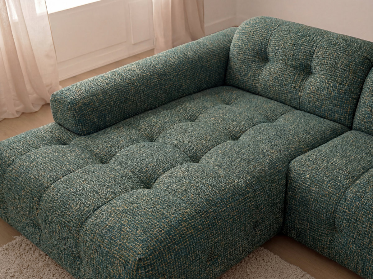 Canapé d'angle fixe LAURA tissu chiné avec grand pouf