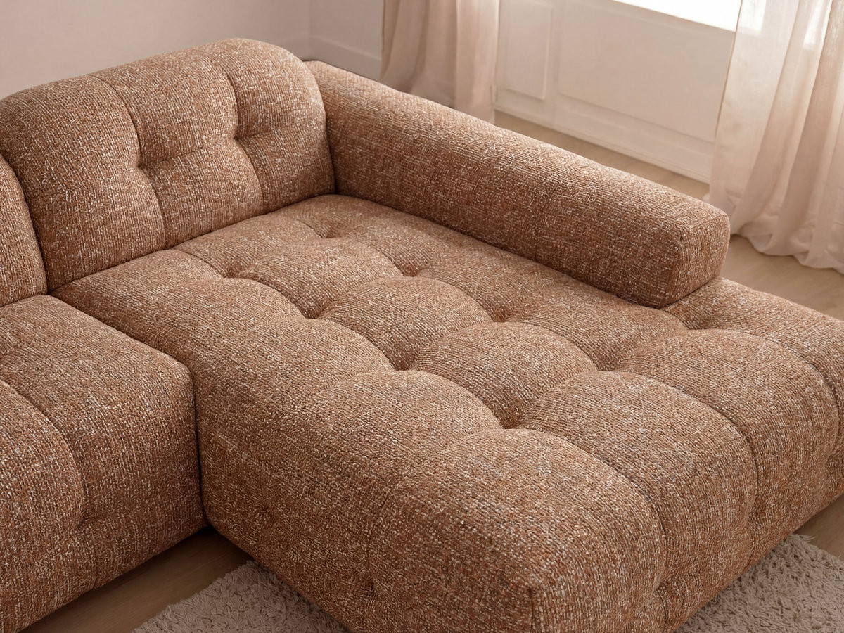 Canapé d'angle fixe LAURA tissu chiné avec grand pouf