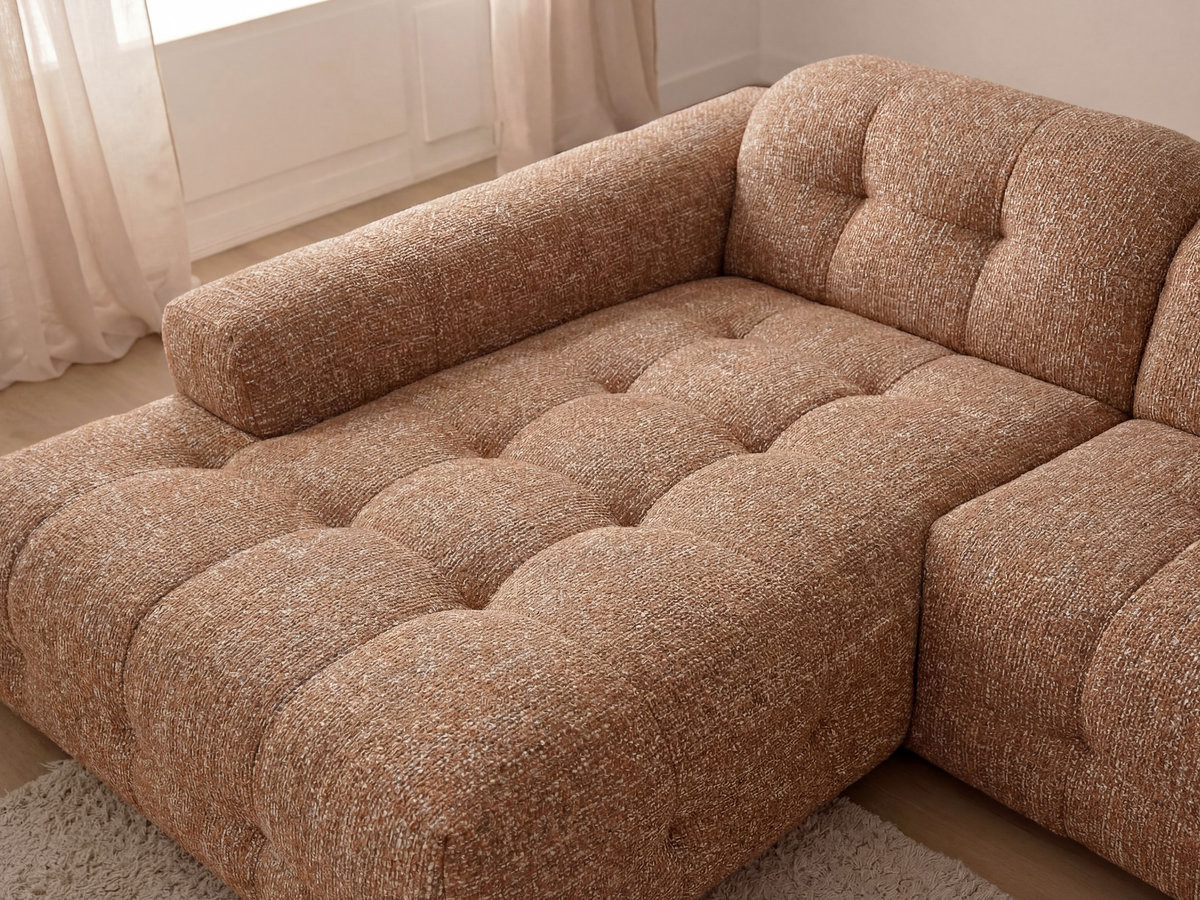 Canapé d'angle fixe LAURA tissu chiné avec grand pouf